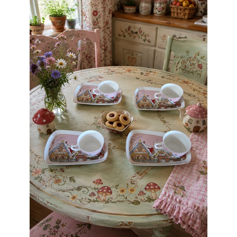Grace Fine Ceramic Gingerbread House Tea Set‎ 4 Cups 4 Rectangular Plates Pink